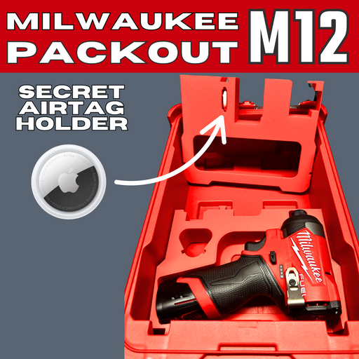 Red Milwaukee tool with a secret Airtag holder labeled 'Milwaukee Packout M12'.