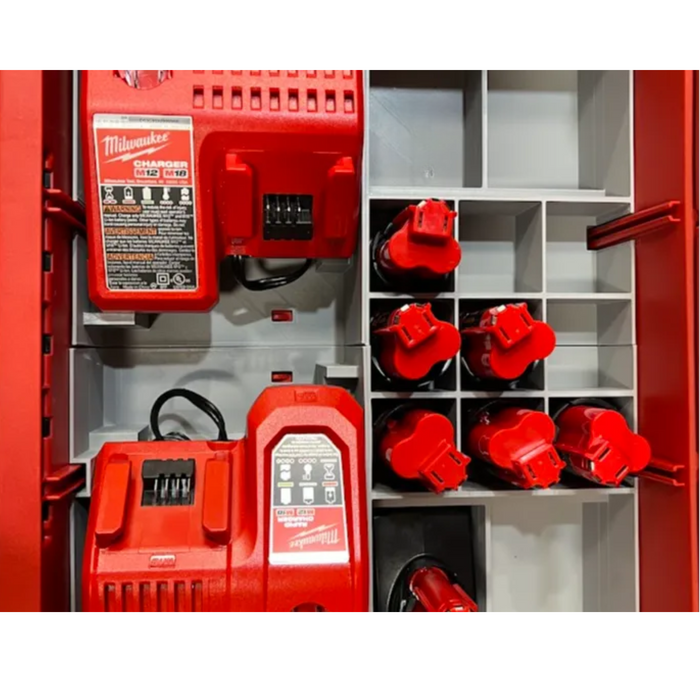 2-Drawer Packout M12 Battery & Charger Organiser β Custom Insert for Milwaukee Packout System - Organisation for M12 Batteries and Chargers