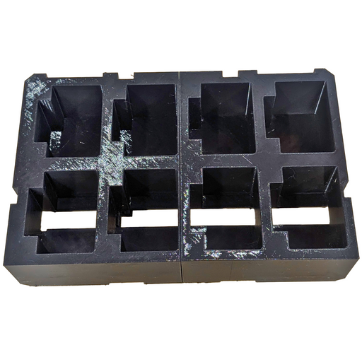 A black plastic battery holder insert designed for the Milwaukee PACKOUT 2-Drawer System, capable of holding 8 M18 batteries.