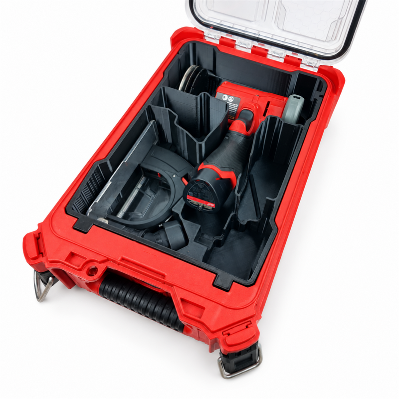 Compact-only M12 cut-off tool insert fitted in PACKOUT 48228435 with tool and accessories