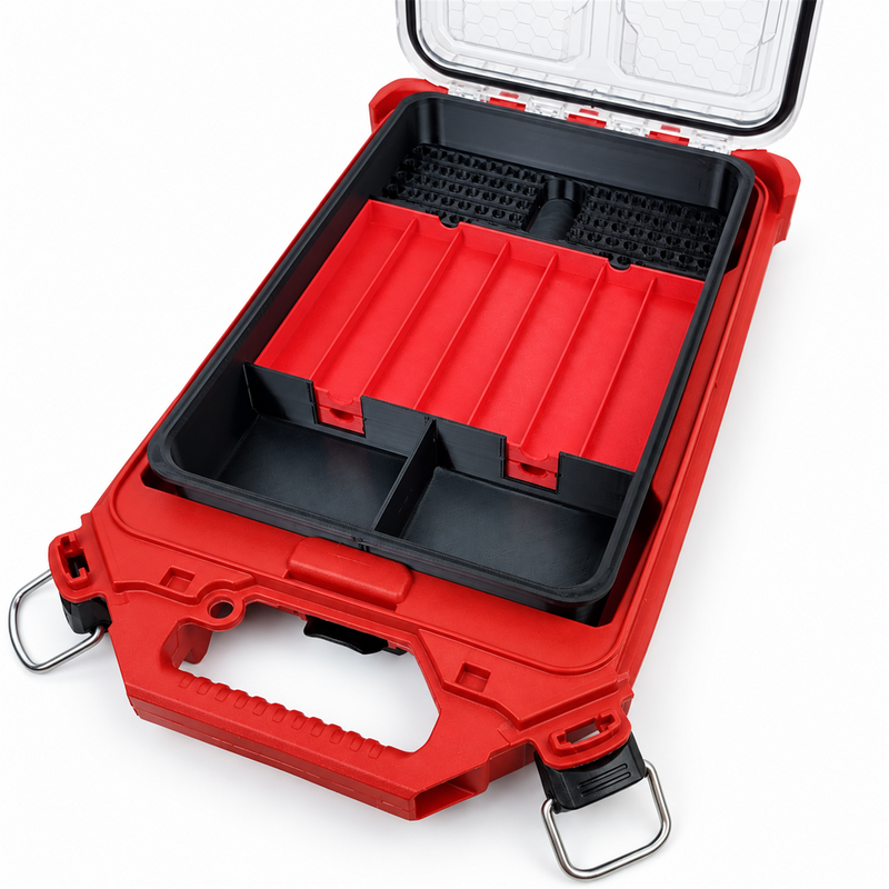 Bit storage insert fitted in Milwaukee PACKOUT 48228436 with removable centre trays