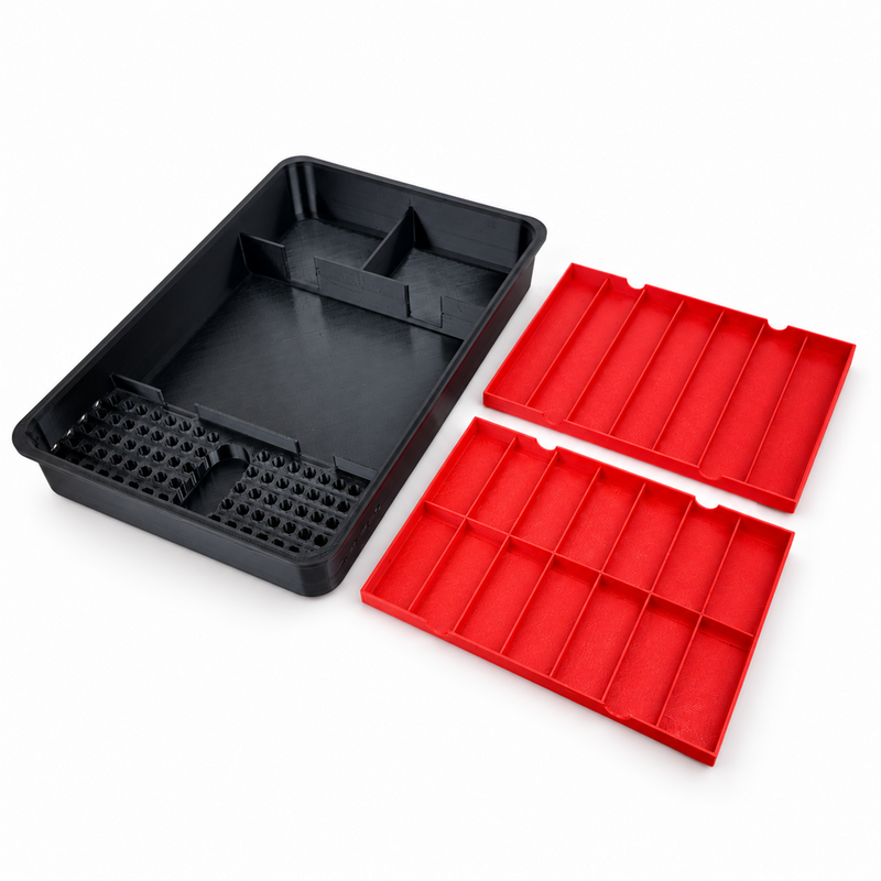 Bit storage insert with seven-slot tray and fourteen-pocket tray removed
