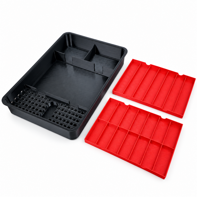 Standalone PACKOUT bit-storage insert and two removable centre trays