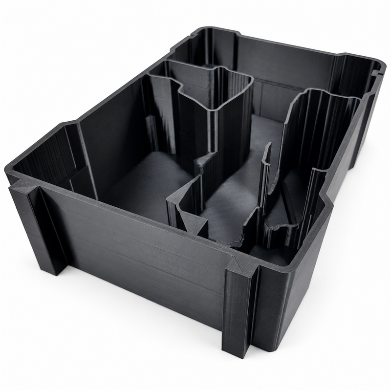 Compact-only PETG insert close-up showing printed dividers and outer shape