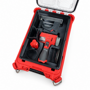 Overhead view of dual-fit M12 cut-off insert with tool, battery and discs