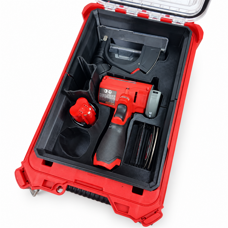 Dual-fit insert close-up showing cut-off tool and accessory storage