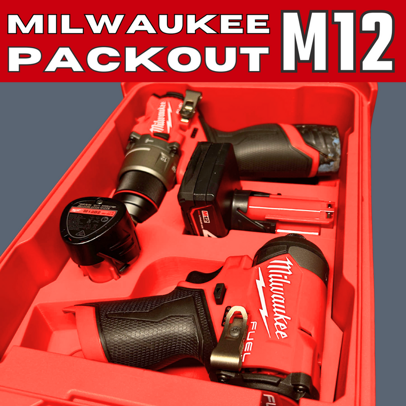 Red Milwaukee Packout M12 tool set with tools inside on a gray background
