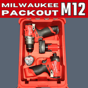 Milwaukee Packout M12 tool set in a red case on a gray background
