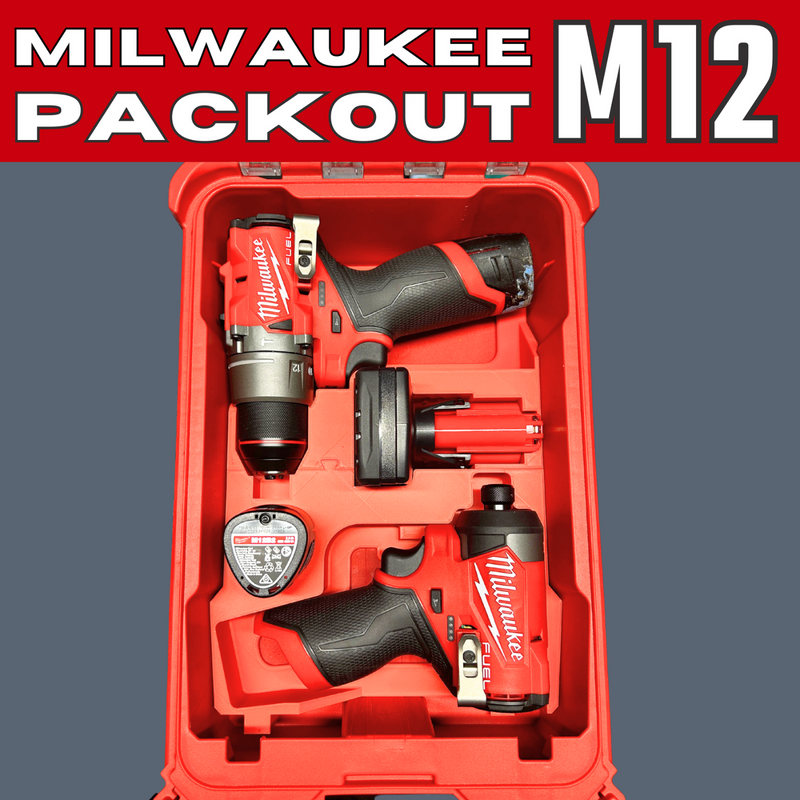 Milwaukee Packout M12 tool set in a red case on a gray background