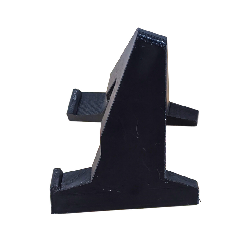 A black desk stand upright holder mount for WiFi access points, placed on a wooden surface.