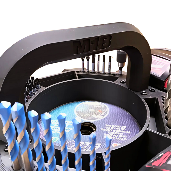 Milwaukee M18 Battery Holder with Bit Holder & 125mm Grinder Disc Storage – 3D Printed Tool Storage