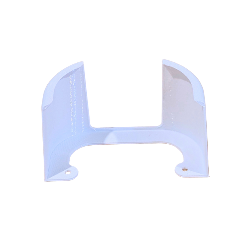 A white Eero 6 wall mount made of PETG material, placed on a wooden surface.