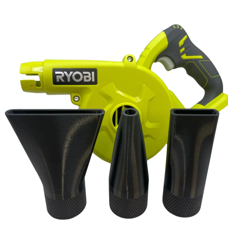 Ryobi Blower Nozzles Black – High-quality 3D-printed tool for garage storage, home improvement, and car drying. Perfect for cleaning up during summer, spring, and outdoor maintenance. This blower accessory is great for detailing cars, dust removal, and yard work. A unique gift for dad, gift for him, or DIY enthusiasts. Not a Milwaukee tool, but a custom Ryobi nozzle set that enhances blower performance.