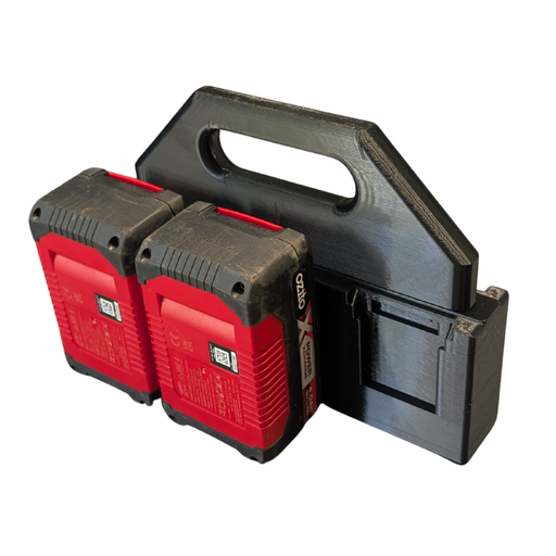 Two red and black cordless power tool batteries standing in front of a black plastic carrying case on a plain white background.