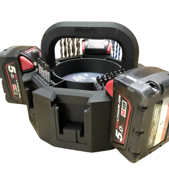 Milwaukee M18 Battery Holder with Bit Holder & 125mm Grinder Disc Storage – 3D Printed Tool Storage