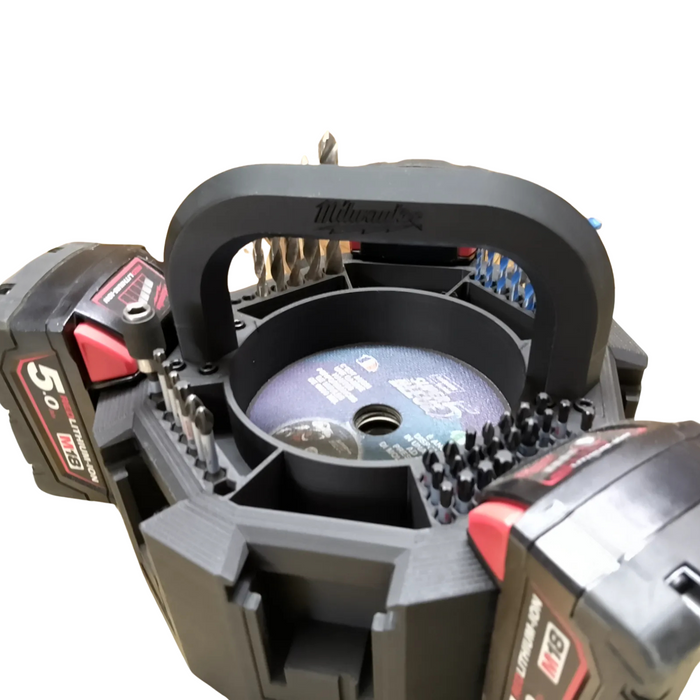 Milwaukee M18 Battery Holder with Bit Holder & 125mm Grinder Disc Storage – 3D Printed Tool Storage