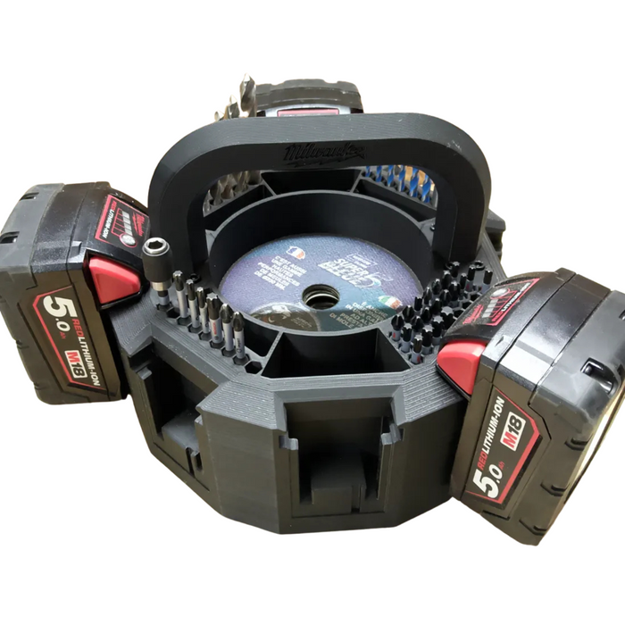 Milwaukee M18 Battery Holder with Bit Holder & 125mm Grinder Disc Storage – 3D Printed Tool Storage