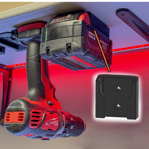 Red and black cordless drill with a close-up of a battery pack on a red background