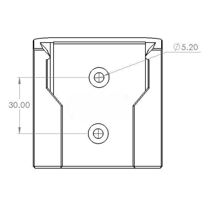 Technical drawing of a square component with dimensions and holes
