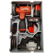 Milwaukee tool set with drill, batteries, and accessories in a clear case