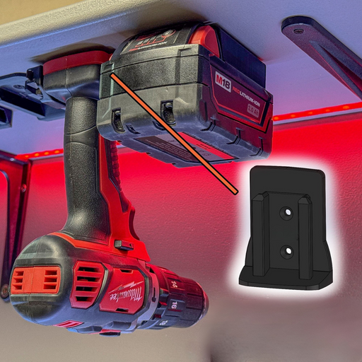 Red and black cordless drill with a battery pack on a red background