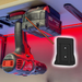 Red and black cordless drill with a battery pack on a red background