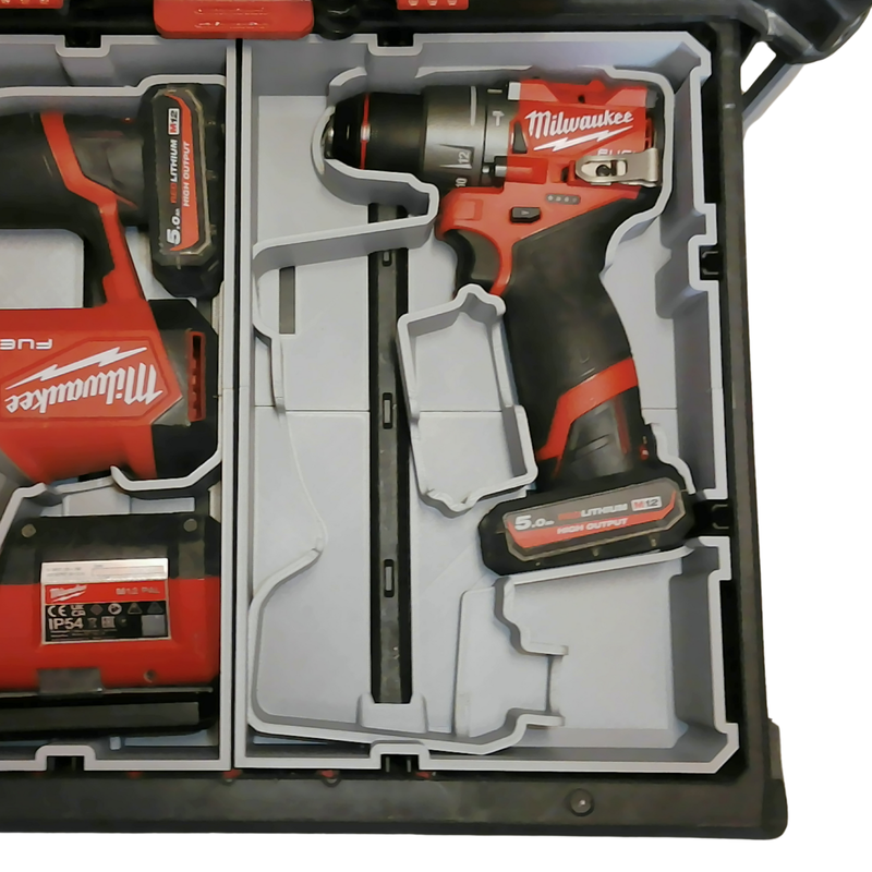 Milwaukee power drill and battery in a tool case on a white background