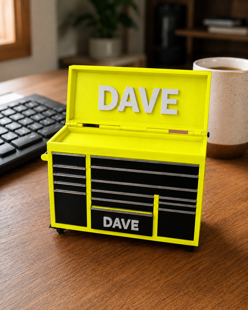 180mm High-Vis Yellow colour variant — Personalised Mini Tool Chest – Custom Name on Lid & Drawer | Gift for Dad