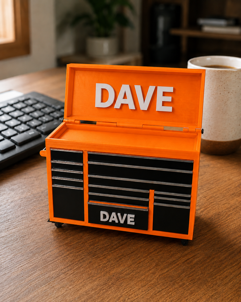 180mm Orange colour variant — Personalised Mini Tool Chest – Custom Name on Lid & Drawer | Gift for Dad