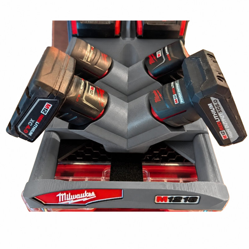 Gray colour variant — Milwaukee M12/M18 Packout Battery Caddy | Holds 4x M12 & 2x M18 Batteries | 3D Printed | Australian Made
