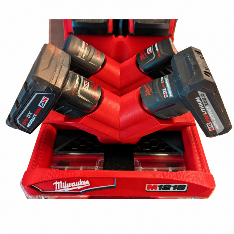 Red colour variant — Milwaukee M12/M18 Packout Battery Caddy | Holds 4x M12 & 2x M18 Batteries | 3D Printed | Australian Made