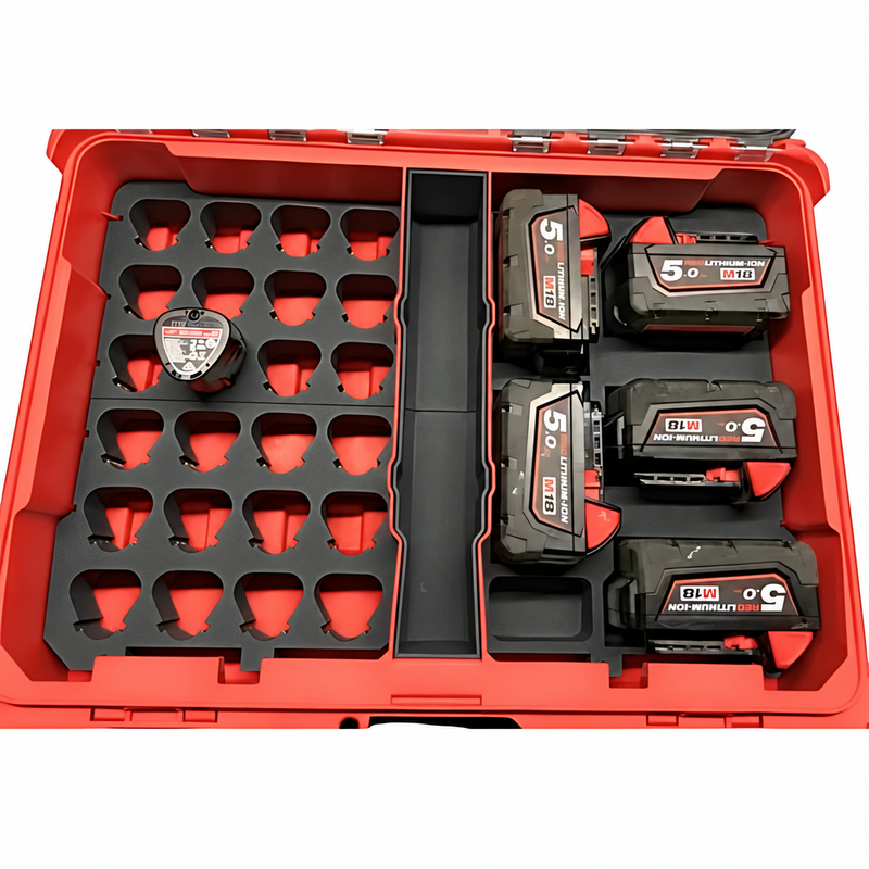 Black colour variant — Milwaukee M18 & M12 Battery Holder Packout Insert – Stores 25 Batteries