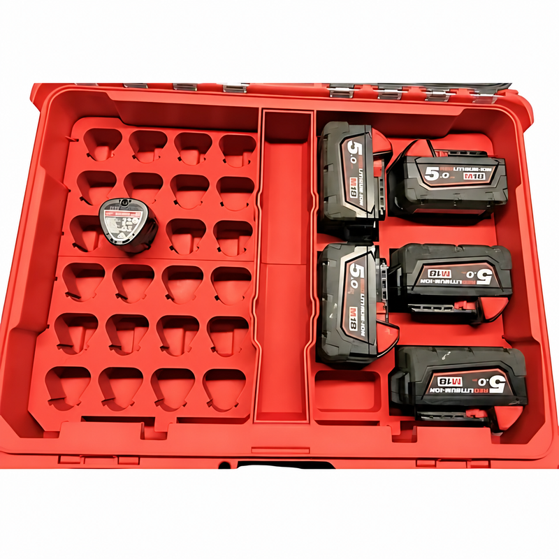 Red colour variant — Milwaukee M18 & M12 Battery Holder Packout Insert – Stores 25 Batteries