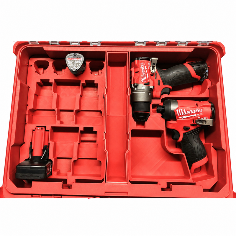 Red colour variant — Milwaukee M12 Dual-Tool Packout Insert – Drill / Impact + 8-Battery Holder