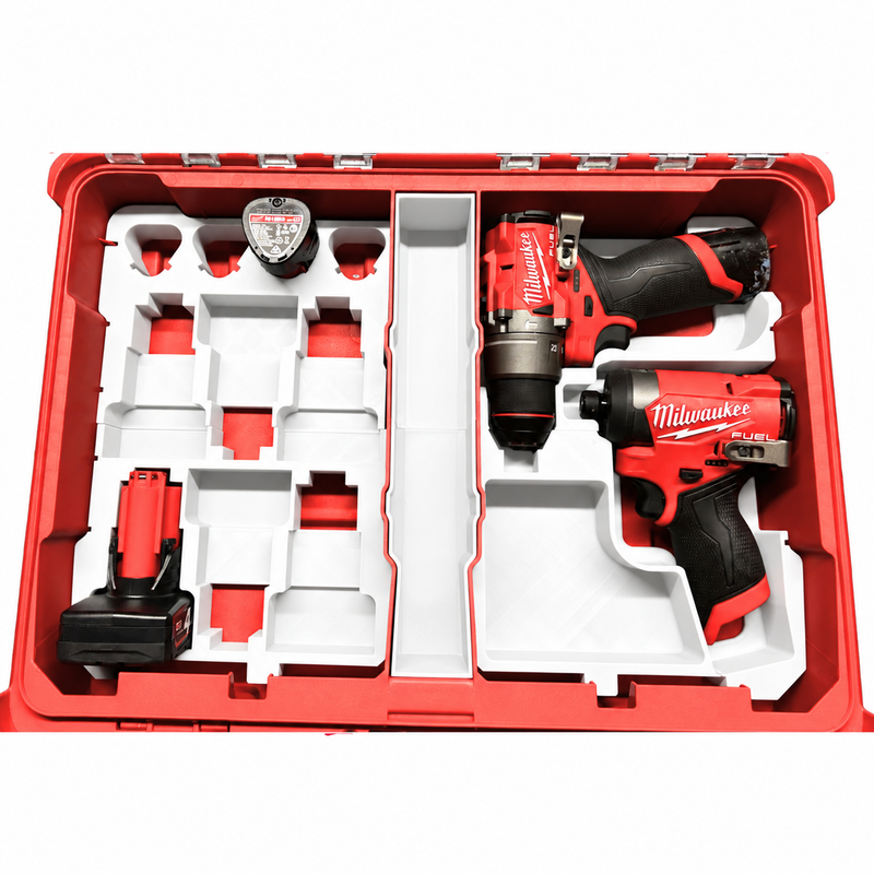 White colour variant — Milwaukee M12 Dual-Tool Packout Insert – Drill / Impact + 8-Battery Holder