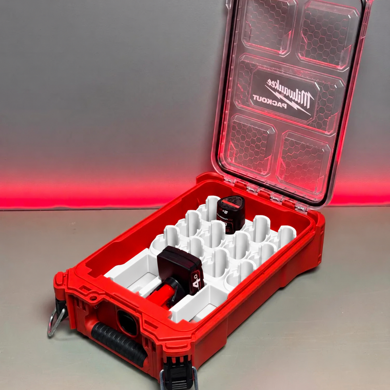 White colour variant — Milwaukee PACKOUT M12 Barrel (12 Slot) + High Output (3 Slot) Battery Holder
