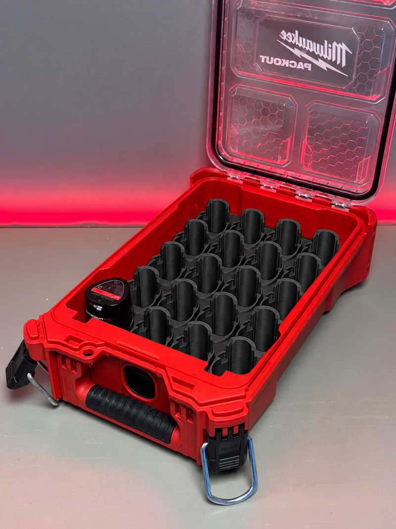 Black colour variant — Milwaukee PACKOUT M12 Barrel Battery Holder – 20 Slot