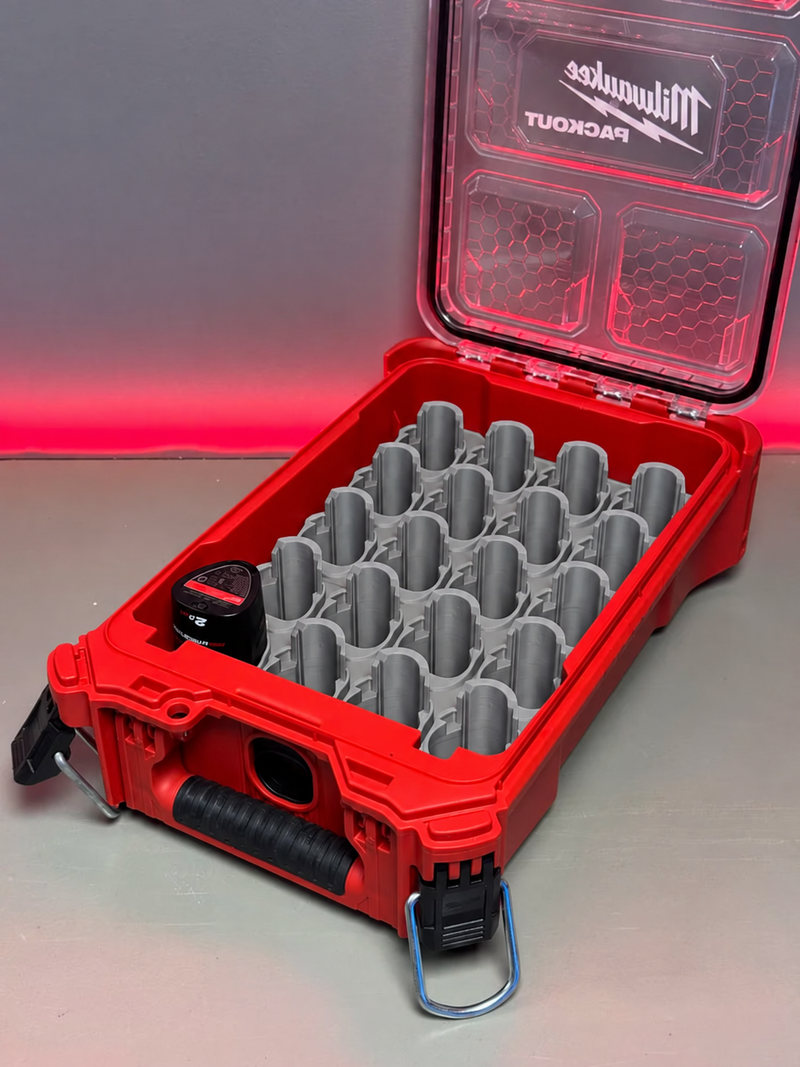 Gray colour variant — Milwaukee PACKOUT M12 Barrel Battery Holder – 20 Slot