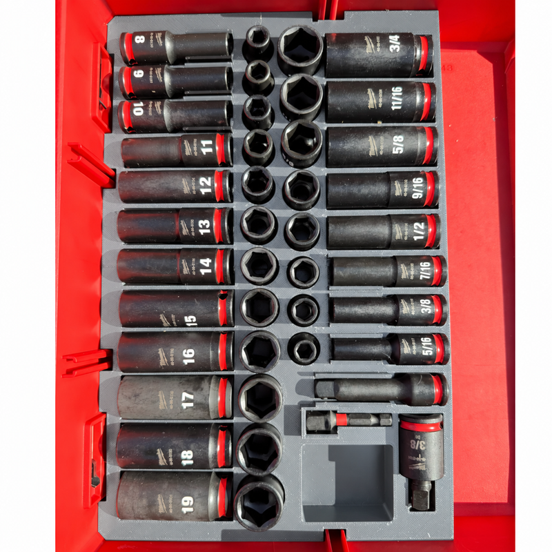 Gray colour variant — Milwaukee Packout Drawer Insert — 43pc 3/8" Impact Socket Tray (Fits 48-22-8442 / 8443 / 8447)