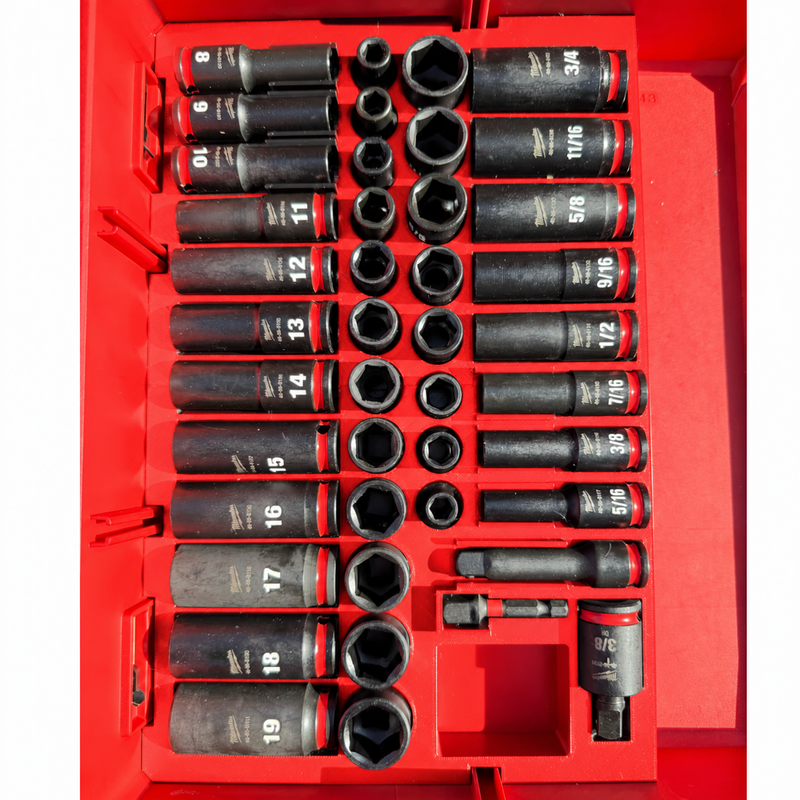 Red colour variant — Milwaukee Packout Drawer Insert — 43pc 3/8" Impact Socket Tray (Fits 48-22-8442 / 8443 / 8447)