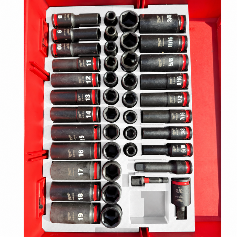 White colour variant — Milwaukee Packout Drawer Insert — 43pc 3/8" Impact Socket Tray (Fits 48-22-8442 / 8443 / 8447)