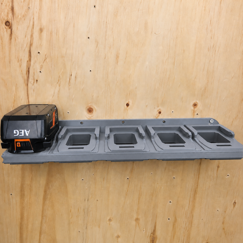 10-slot Gray colour variant — AEG 18V Wall Mounted Battery Holder — 4x or 6x Foot-Mount Wall Rack