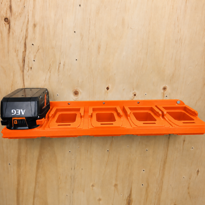 10-slot Orange colour variant — AEG 18V Wall Mounted Battery Holder — 4x or 6x Foot-Mount Wall Rack