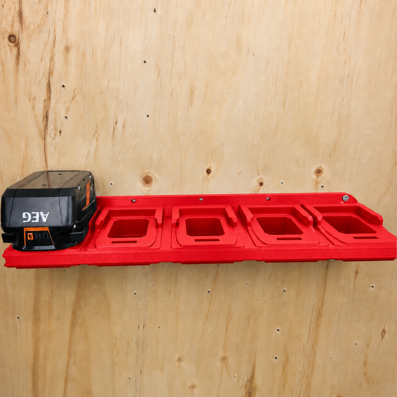 10-slot Red colour variant — AEG 18V Wall Mounted Battery Holder — 4x or 6x Foot-Mount Wall Rack