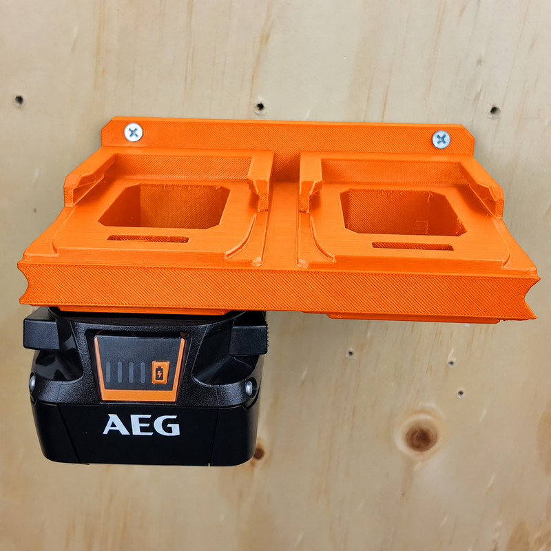 4-slot Orange colour variant — AEG 18V Wall Mounted Battery Holder — 4x or 6x Foot-Mount Wall Rack