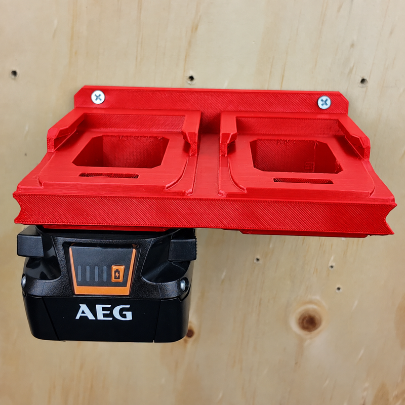 4-slot Red colour variant — AEG 18V Wall Mounted Battery Holder — 4x or 6x Foot-Mount Wall Rack