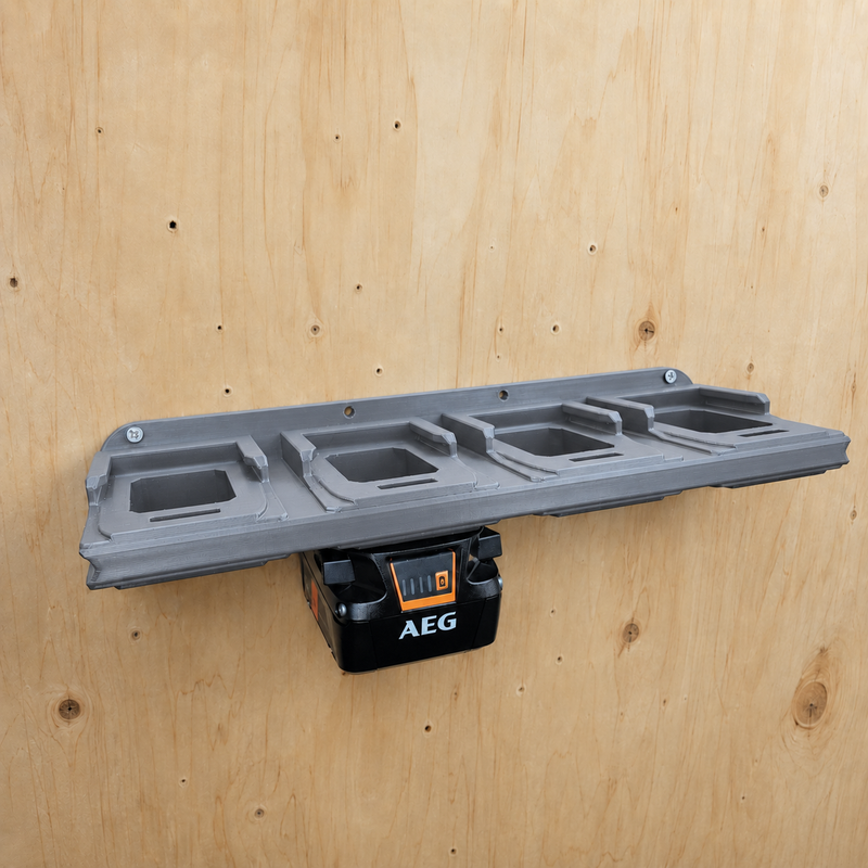8-slot Gray colour variant — AEG 18V Wall Mounted Battery Holder — 4x or 6x Foot-Mount Wall Rack
