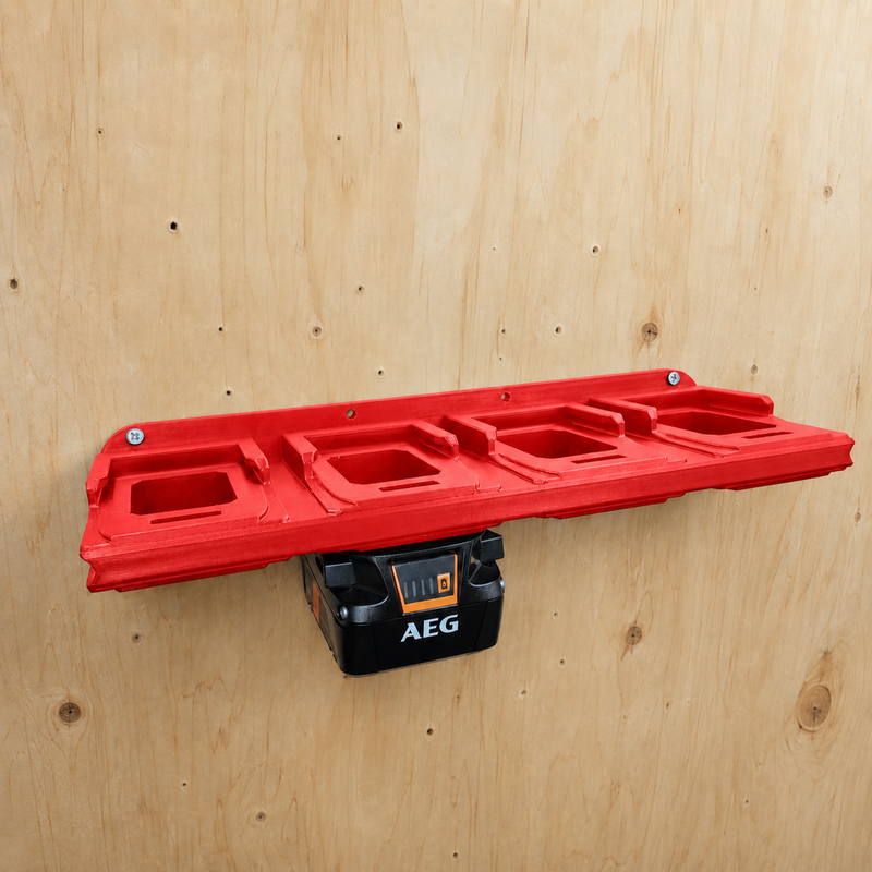 8-slot Red colour variant — AEG 18V Wall Mounted Battery Holder — 4x or 6x Foot-Mount Wall Rack