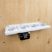 8-slot White colour variant — AEG 18V Wall Mounted Battery Holder — 4x or 6x Foot-Mount Wall Rack