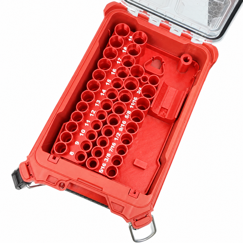 Red colour variant — Milwaukee M12 Ratchet + 43pc Impact Socket Packout Insert — Fits Compact Organiser 48-22-8435 (PETG, Australian Made)
